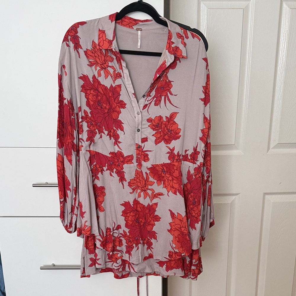 Free People Gray Tunic with Bold Red Floral Print